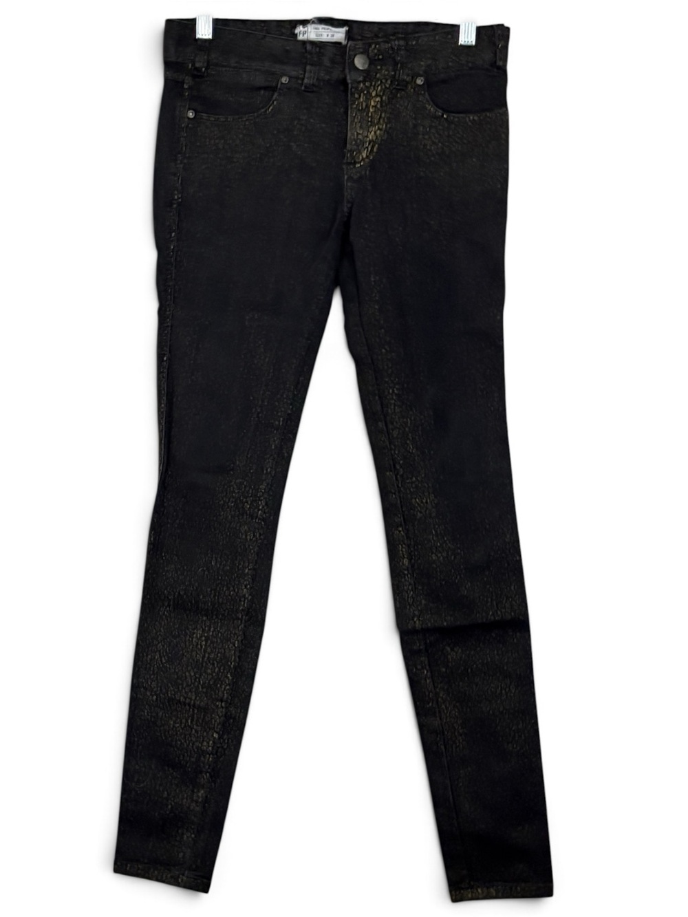 Free People Black/ Gold Leopard Print Waxy Hi-Rise Skinny Long Denim Jeans